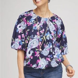 NWT Chico’s Paisley Pintuck Bubble Hem Top.